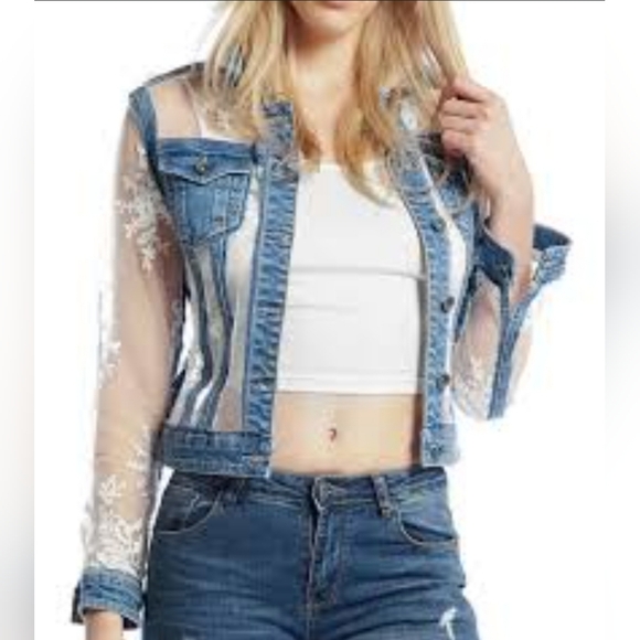 Gracia frayed denim trim lace embroidered denim jean jacket - Picture 5 of 5